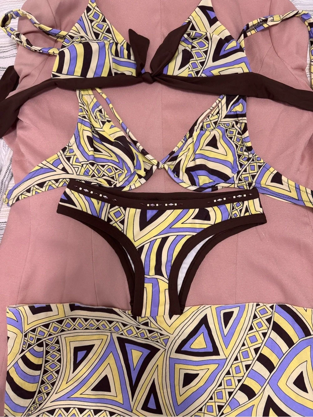 Printed Triangle Bikini Set with Yellow & Lavender - Size XS/S